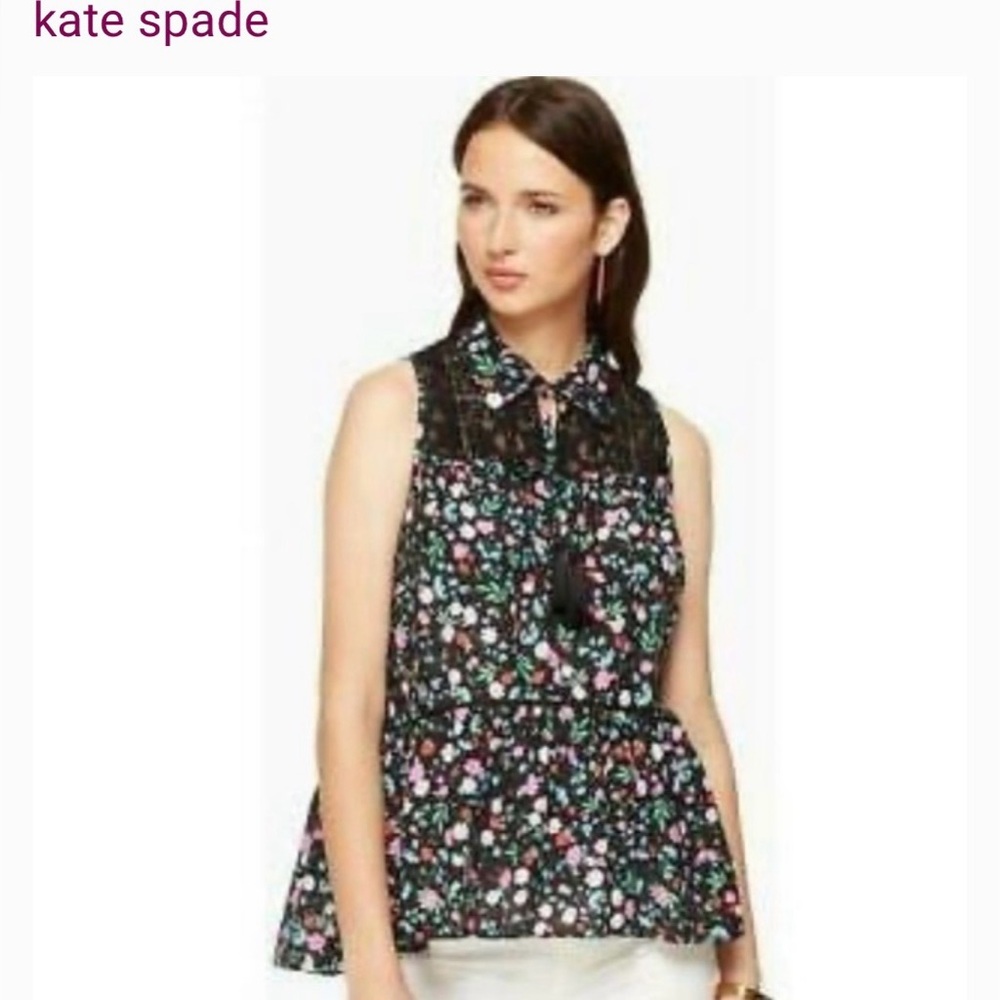 NWT Kate Spade Black Scenic Route Greenhouse Lace Yoke Floral Blouse